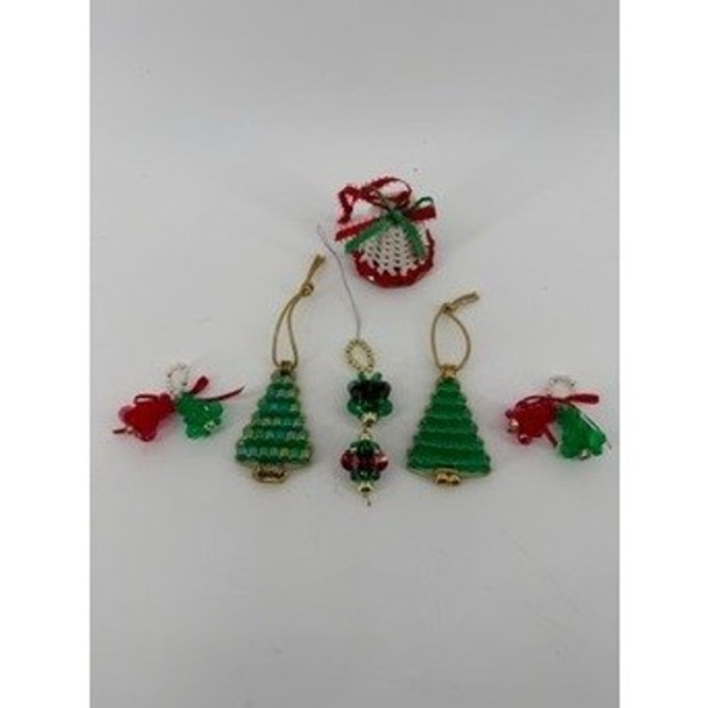Vintage Handmade Beaded Christmas Tree and Crocheted Bell Ornaments Lot of 6
